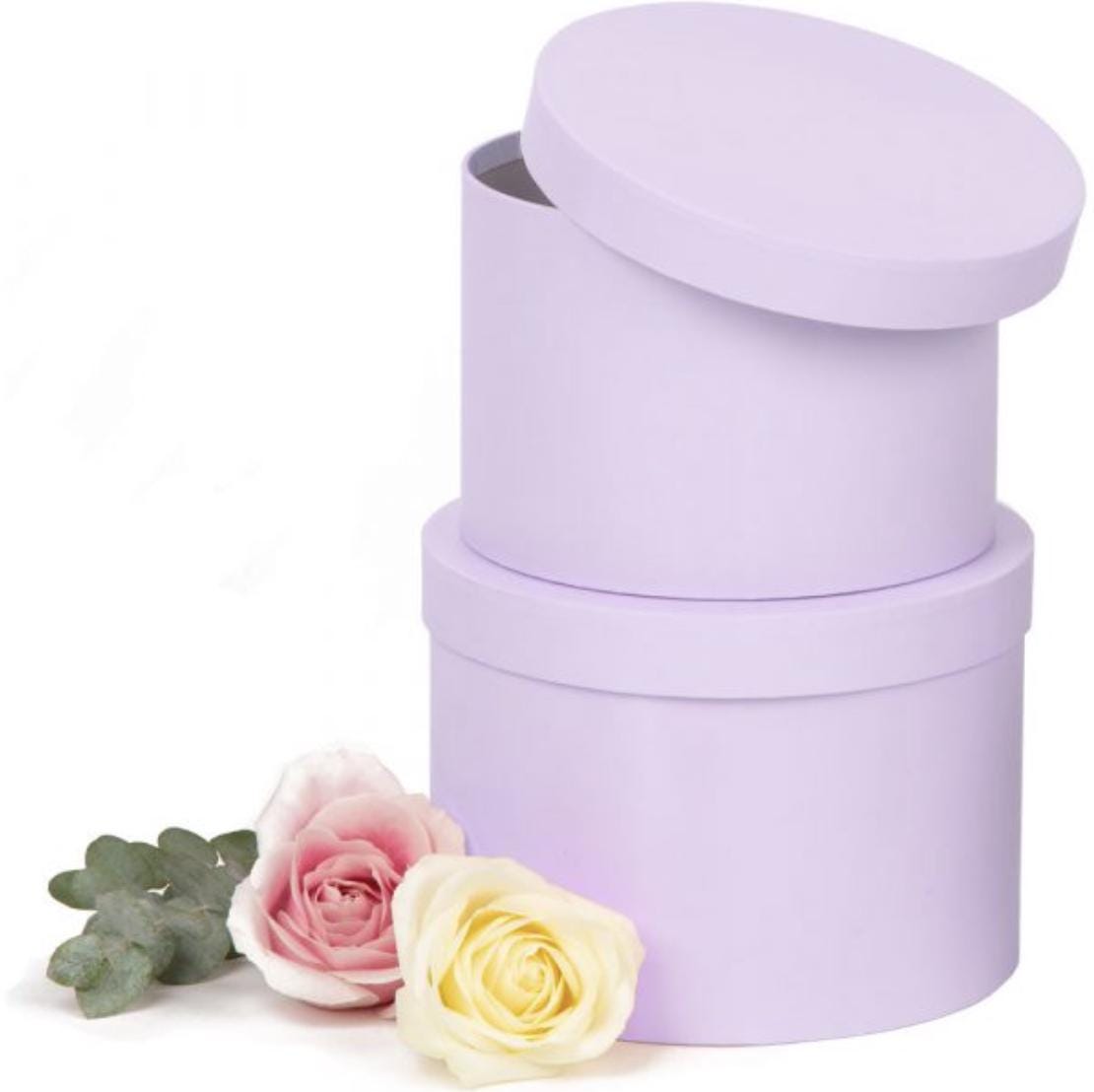 Hat Boxes (Set of 2) Lilac, Round Storage Boxes With Lids, Water Resistant Satin Finish Lamination, Designer Flower Pot, Eco Friendly