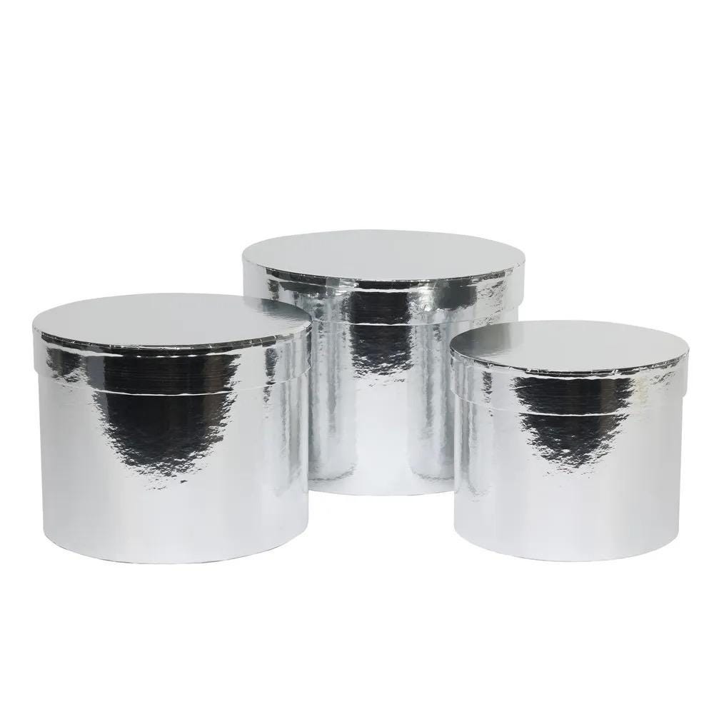 Hat Boxes Set Of 3 Round Storage Boxes, Shiny Metallic Silver, Designer Flower Pot, Eco Friendly, Christmas Gift Boxes With Lids.