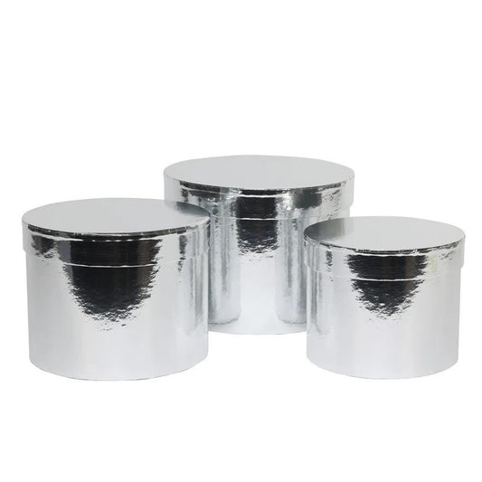 Hat Boxes Set Of 3 Round Storage Boxes, Shiny Metallic Silver, Designer Flower Pot, Eco Friendly, Christmas Gift Boxes With Lids.