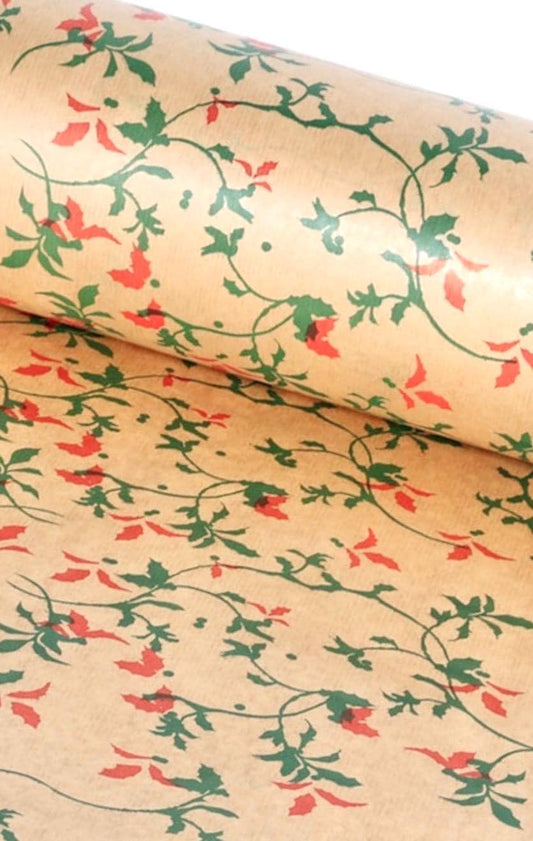 Christmas Wrapping Paper Holly Berry  50CM Wide Eco Friendly, 100% Recycled Kraft | Recyclable, Sustainable, Plastic Free Gift Wrap
