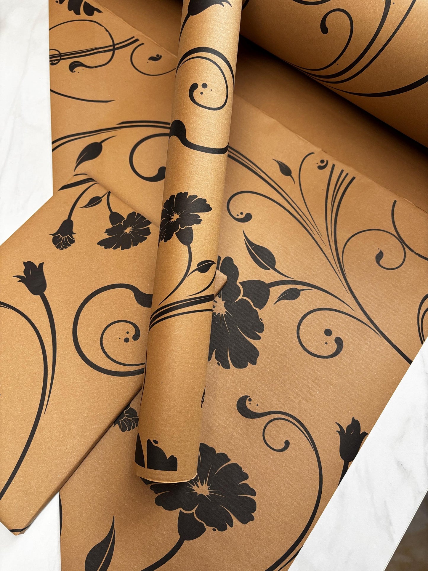 Wrapping Paper Retro Black Floral 50CM Wide Eco Friendly, 100% Recycled Kraft | Recyclable, Sustainable, Plastic Free Gift Wrap