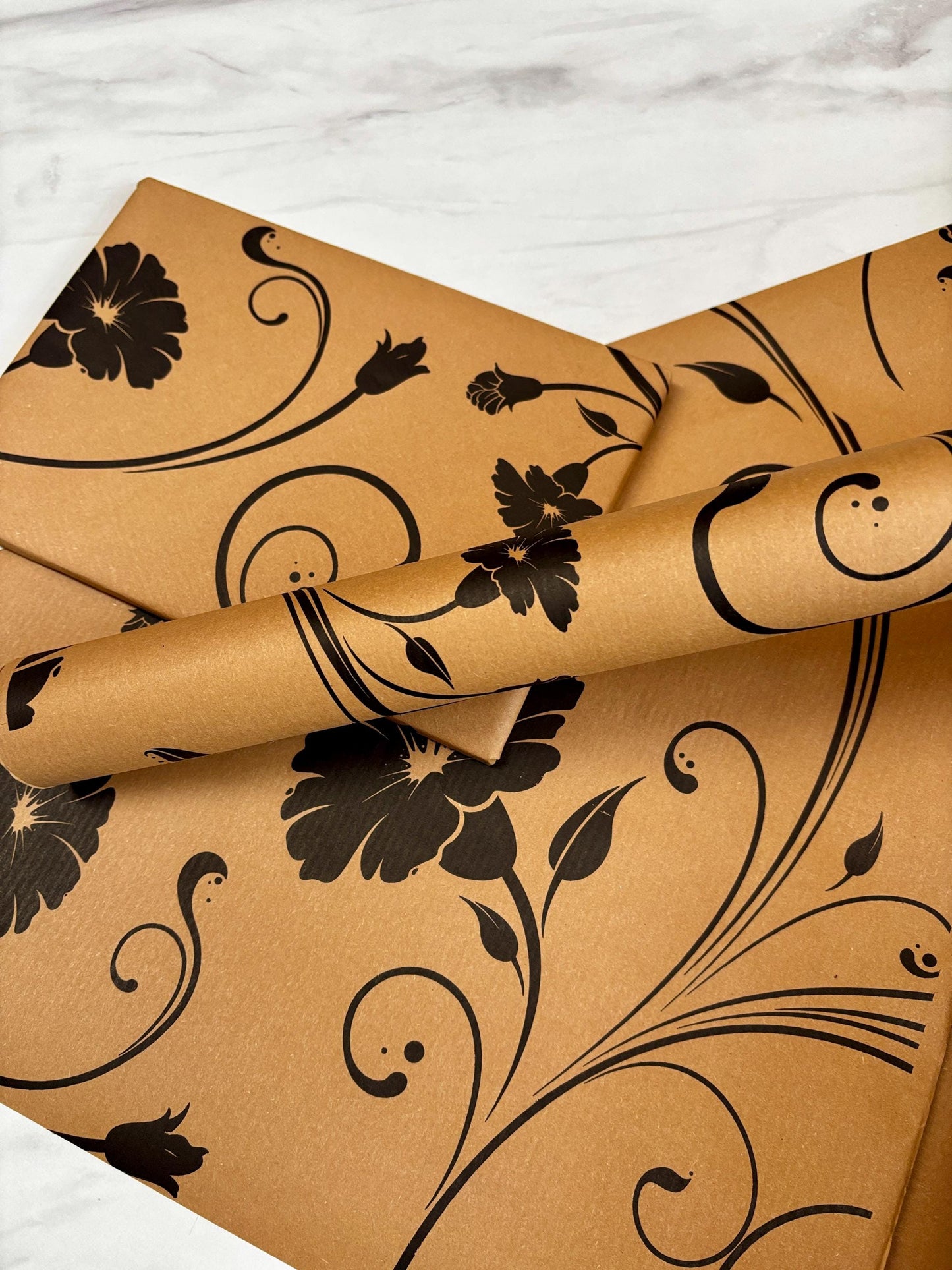 Wrapping Paper Retro Black Floral 50CM Wide Eco Friendly, 100% Recycled Kraft | Recyclable, Sustainable, Plastic Free Gift Wrap