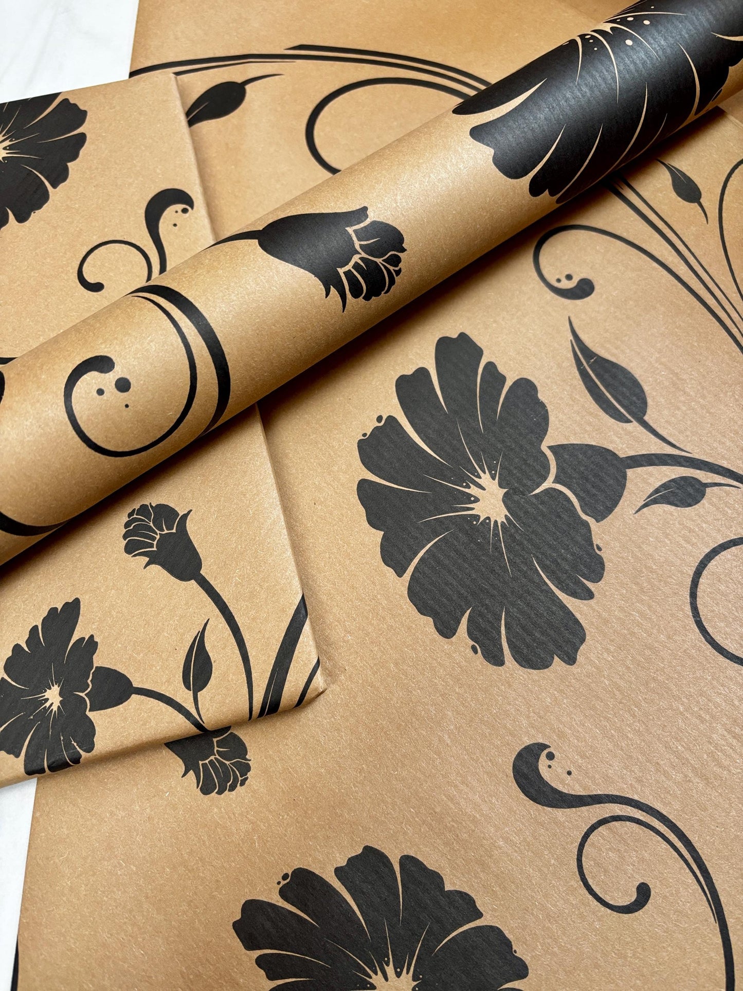 Wrapping Paper Retro Black Floral 50CM Wide Eco Friendly, 100% Recycled Kraft | Recyclable, Sustainable, Plastic Free Gift Wrap