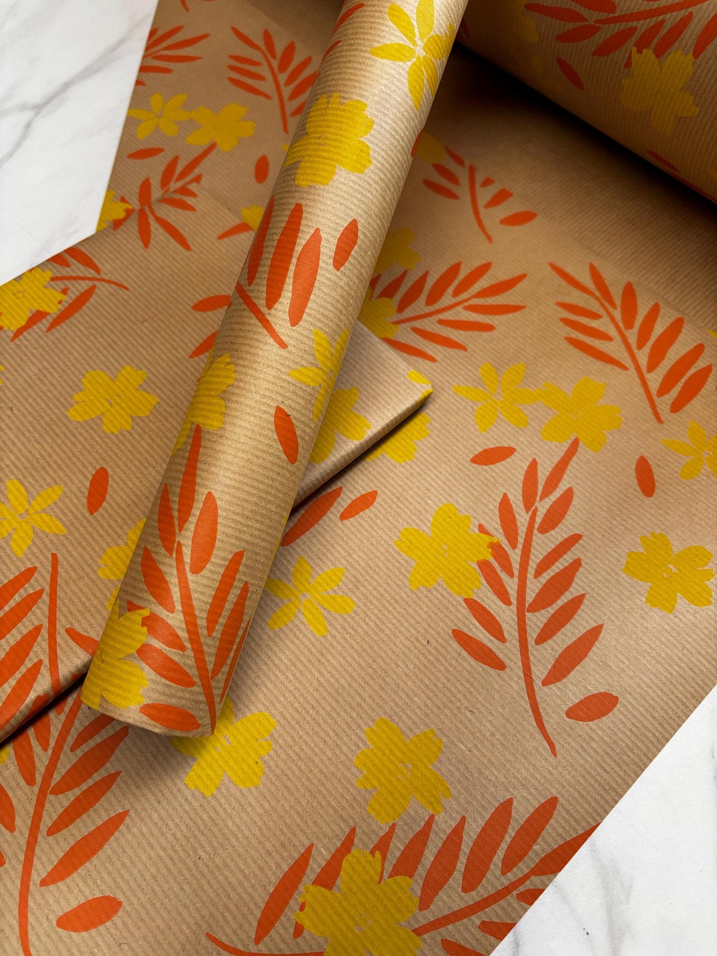 Wrapping Paper Orange Yellow Floral 50CM Wide Eco Friendly, 100% Recycled Kraft