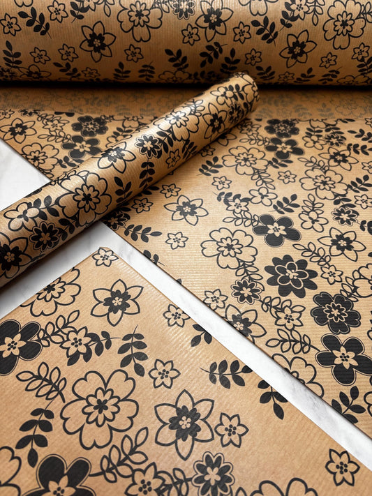 Wrapping Paper Black Daisy Floral 50CM Wide Eco Friendly, 100% Recycled Kraft | Recyclable, Sustainable, Plastic Free Gift Wrap