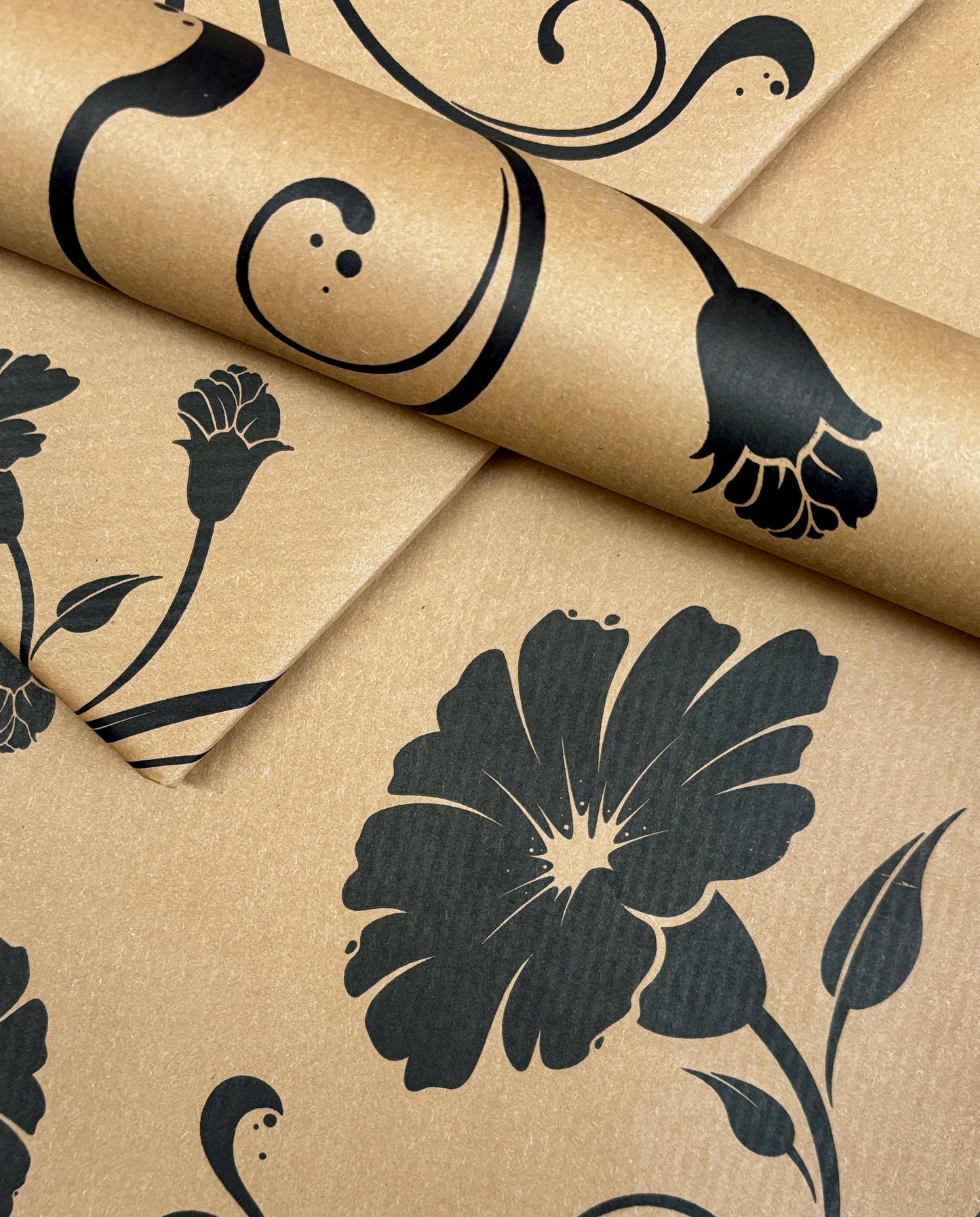 Wrapping Paper Retro Black Floral 50CM Wide Eco Friendly, 100% Recycled Kraft | Recyclable, Sustainable, Plastic Free Gift Wrap