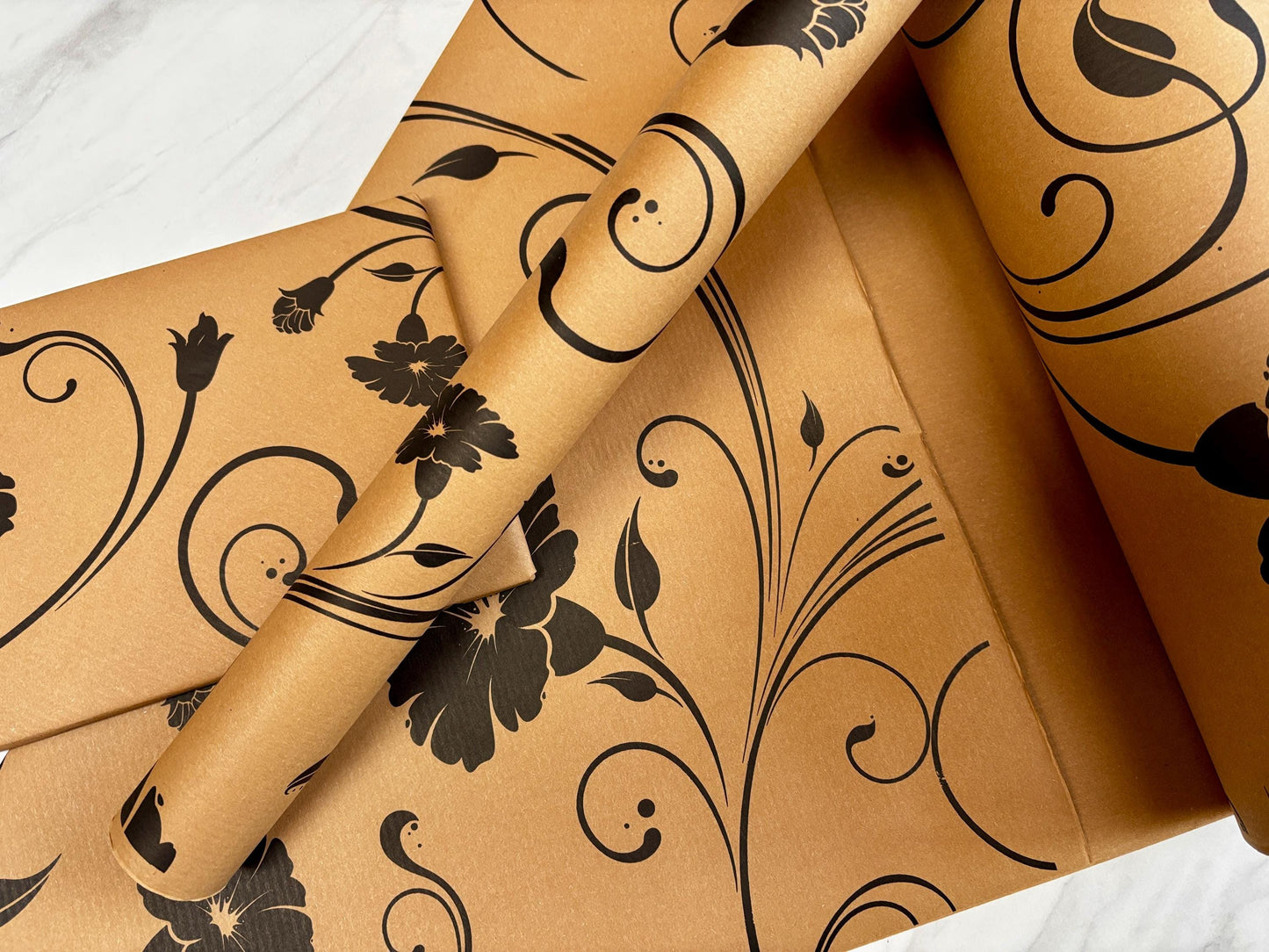 Wrapping Paper Retro Black Floral 50CM Wide Eco Friendly, 100% Recycled Kraft | Recyclable, Sustainable, Plastic Free Gift Wrap