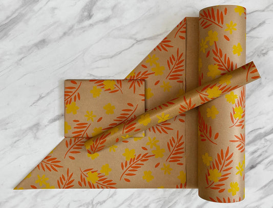 Wrapping Paper Orange Yellow Floral 50CM Wide Eco Friendly, 100% Recycled Kraft