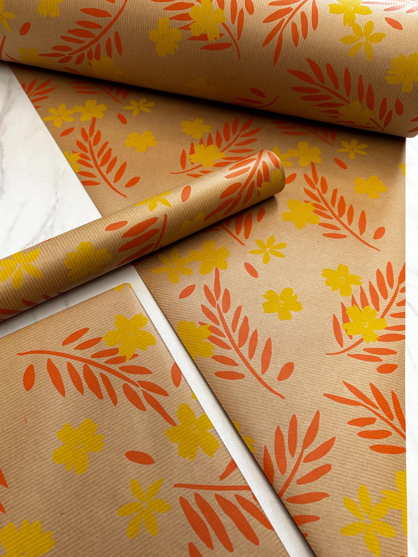 Wrapping Paper Orange Yellow Floral 50CM Wide Eco Friendly, 100% Recycled Kraft
