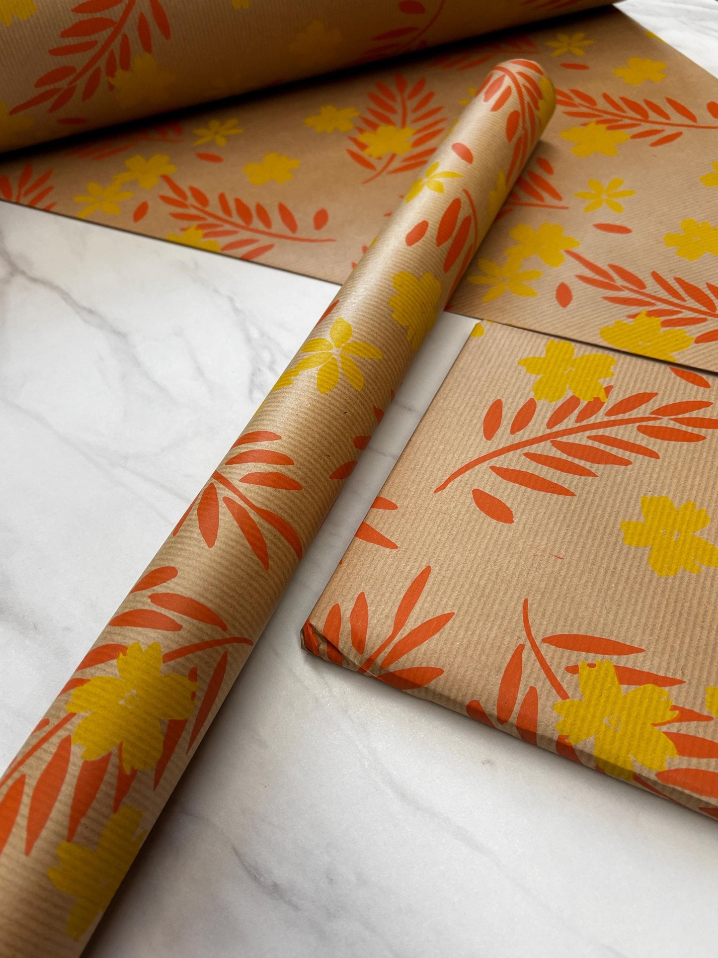 Wrapping Paper Orange Yellow Floral 50CM Wide Eco Friendly, 100% Recycled Kraft