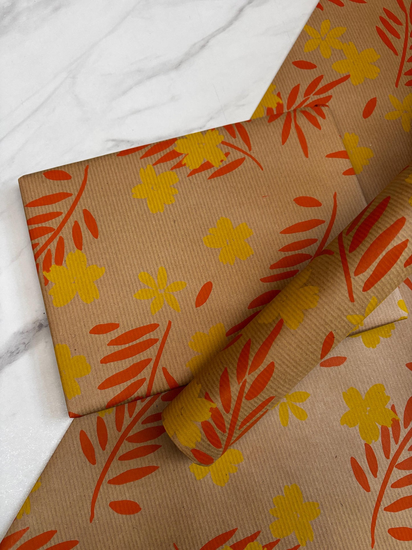 Wrapping Paper Orange Yellow Floral 50CM Wide Eco Friendly, 100% Recycled Kraft
