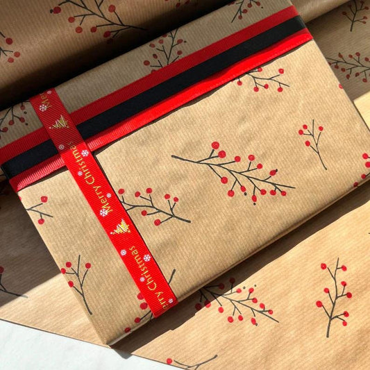 Christmas Wrapping Paper  Red Berries 50CM Wide Eco Friendly, 100% Recycled Kraft | Recyclable, Sustainable, Plastic Free Gift Wrap