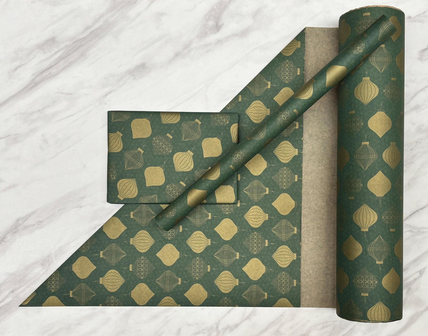 Christmas Wrapping Paper  Green & Gold Baubles 50CM Wide Eco Friendly, 100% Recycled Kraft | Recyclable, Sustainable, Plastic Free Gift Wrap
