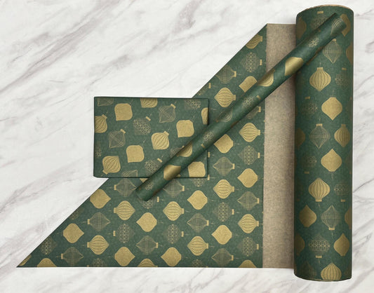 Christmas Wrapping Paper  Green & Gold Baubles 50CM Wide Eco Friendly, 100% Recycled Kraft | Recyclable, Sustainable, Plastic Free Gift Wrap