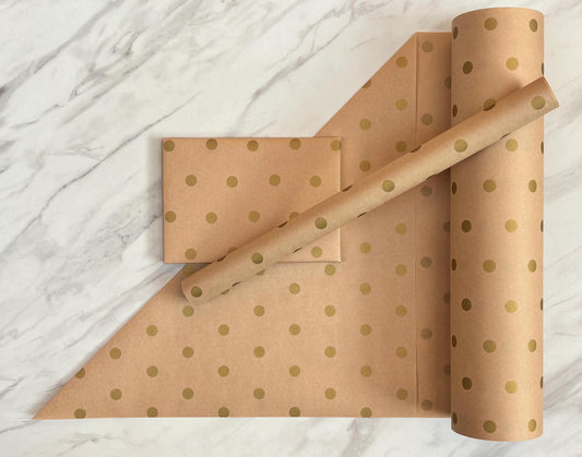 Wrapping Paper Gold Spots 50CM Wide Eco Friendly, 100% Recycled Kraft | Recyclable, Sustainable, Plastic Free Gift Wrap