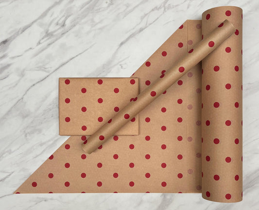 Wrapping Paper Red Spots 50CM Wide Eco Friendly, 100% Recycled Kraft | Recyclable, Sustainable, Plastic Free Gift Wrap