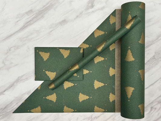 Christmas Wrapping Paper  Green & Gold Trees 50CM Wide Eco Friendly, 100% Recycled Kraft | Recyclable, Sustainable, Plastic Free Gift Wrap