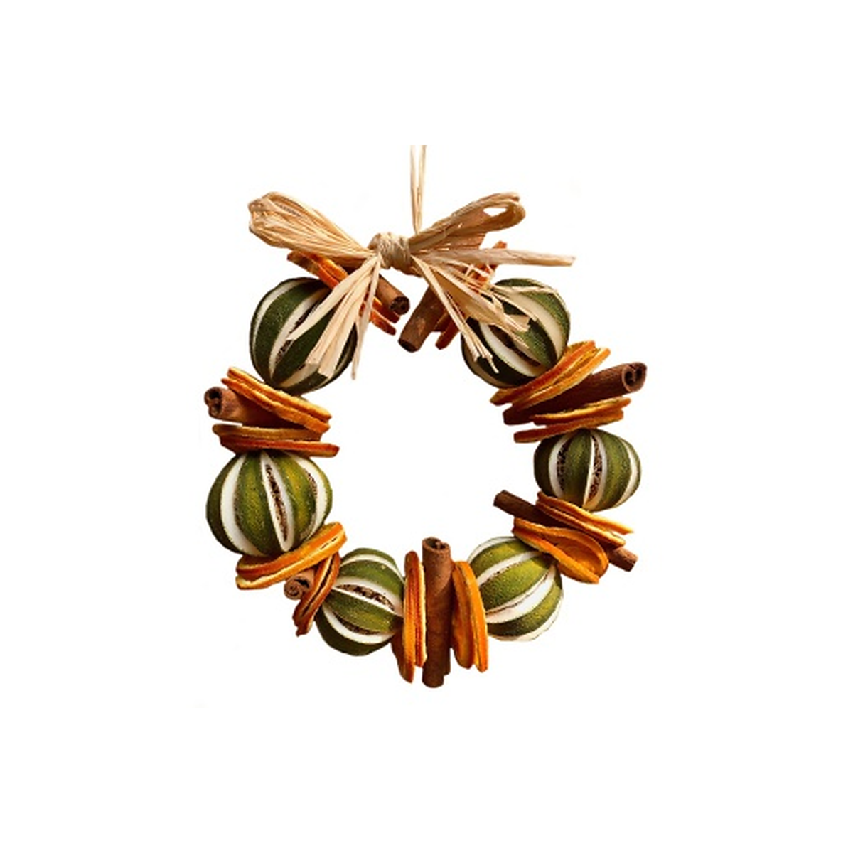 Whole Green Orange & Cinnamon natural dried fruit wreath with raffia