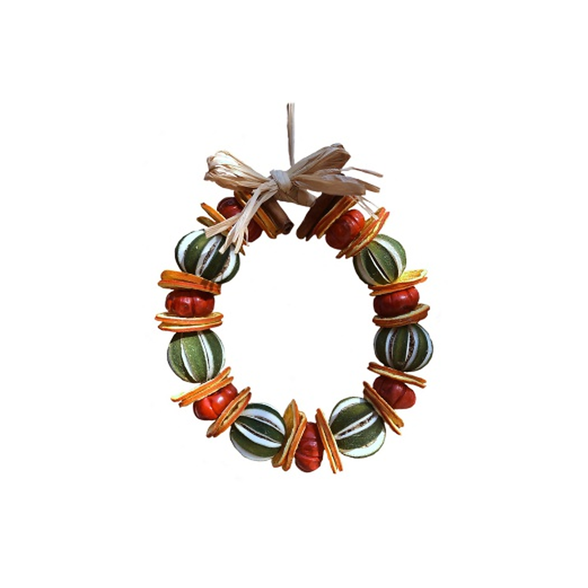 Whole Green Orange & Pumpkino natural dried fruit wreath with raffia