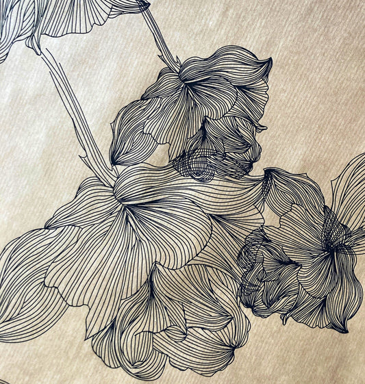 Wrapping Paper Black Floral Print 50CM Wide Eco Friendly, 100% Recycled Kraft | Recyclable, Sustainable, Plastic Free Gift Wrap