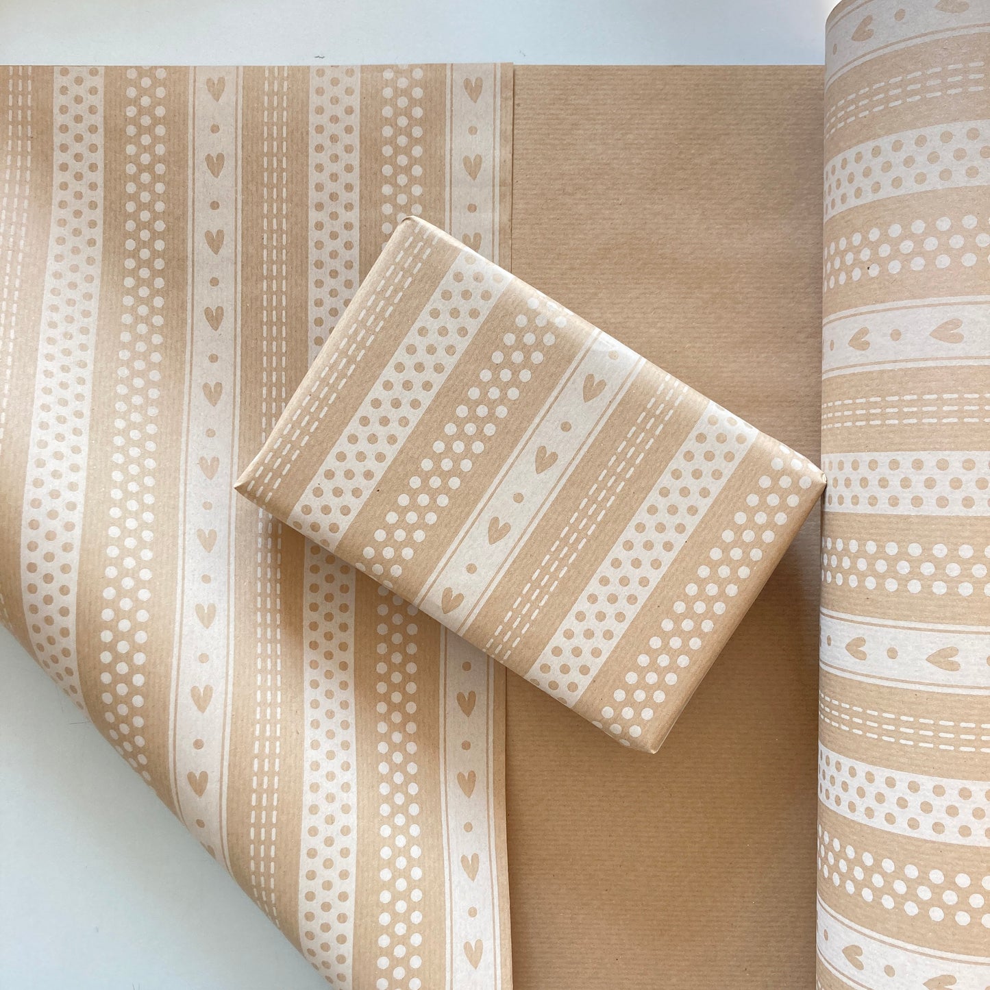 Wrapping Paper White Hearts Stripes 50CM Wide Eco Friendly, 100% Recycled Kraft | Recyclable, Sustainable, Plastic Free Gift Wrap