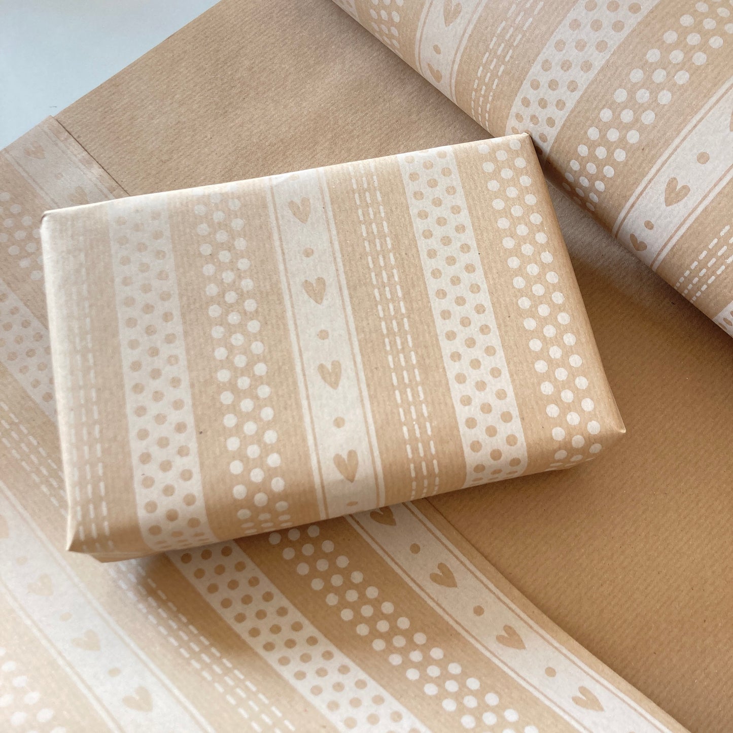 Wrapping Paper White Hearts Stripes 50CM Wide Eco Friendly, 100% Recycled Kraft | Recyclable, Sustainable, Plastic Free Gift Wrap