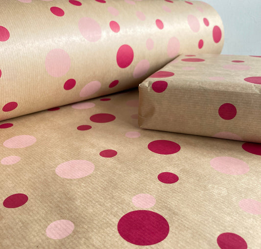 Wrapping Paper Pink Polka Dot 50CM Wide Eco Friendly, 100% Recycled Kraft | Recyclable, Sustainable, Plastic Free Gift Wrap
