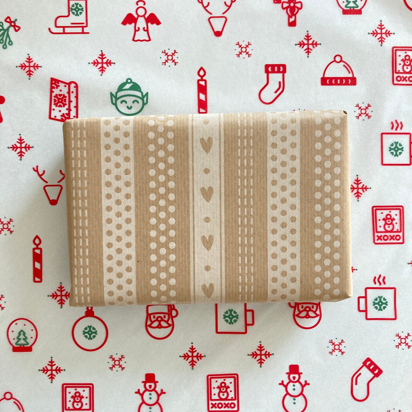 Wrapping Paper White Hearts Stripes 50CM Wide Eco Friendly, 100% Recycled Kraft | Recyclable, Sustainable, Plastic Free Gift Wrap