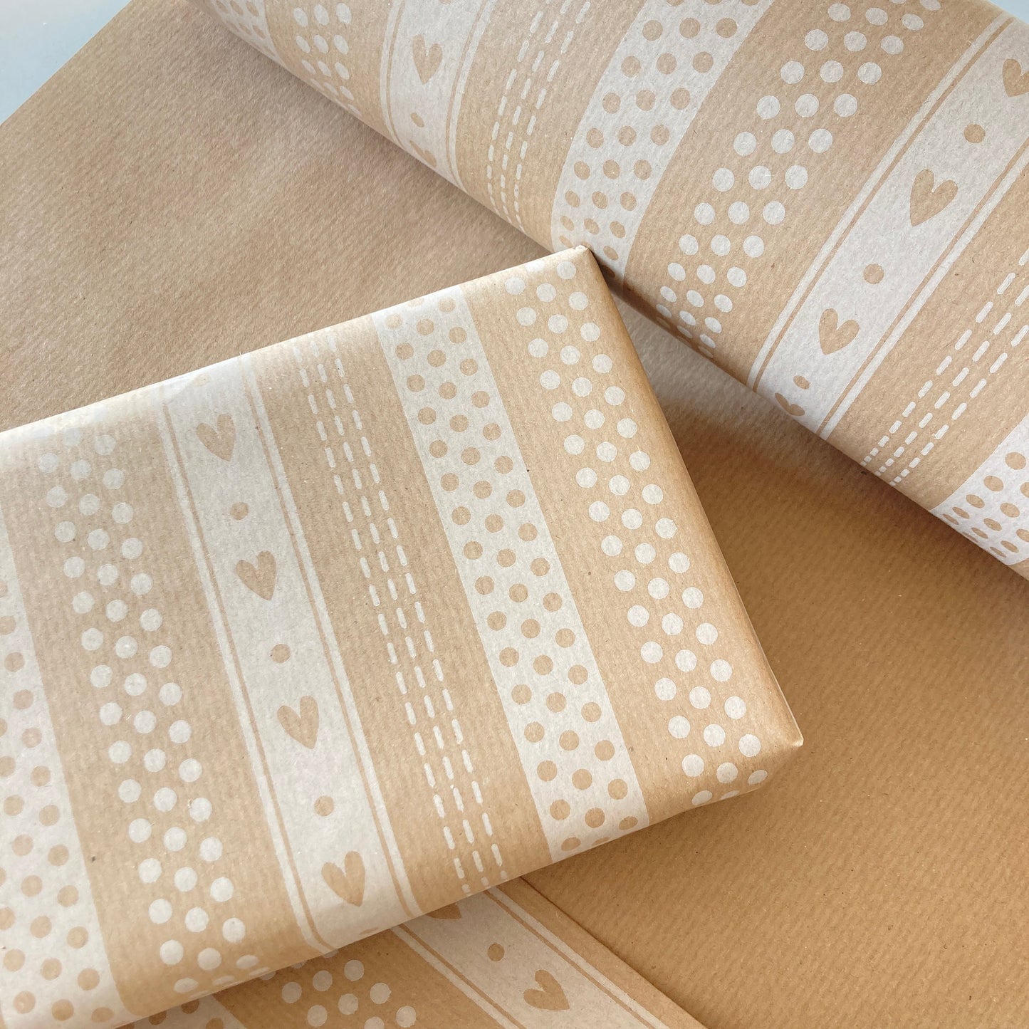Wrapping Paper White Hearts Stripes 50CM Wide Eco Friendly, 100% Recycled Kraft | Recyclable, Sustainable, Plastic Free Gift Wrap