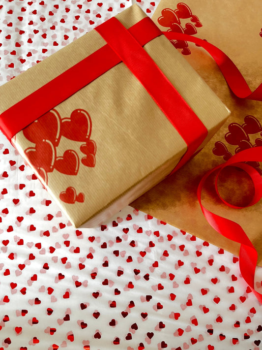 Valentines Day Red Hearts Print Eco Friendly Birthday Gift Wrapping Paper, 100% Recycled & Recyclable, Sustainable, Kraft Gift Wrap.