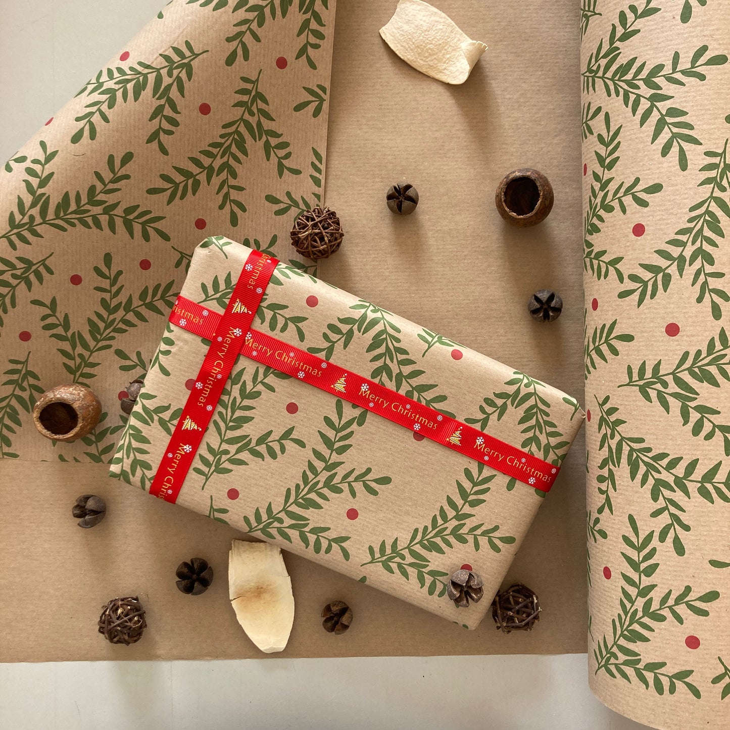 Wrapping Paper Christmas Festive Foliage 50CM Wide Eco Friendly, 100% Recycled Kraft | Recyclable, Sustainable, Plastic Free Gift Wrap