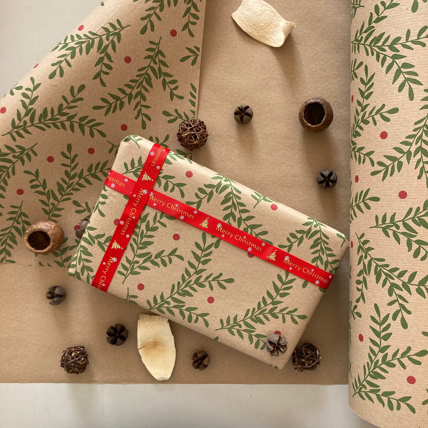 Wrapping Paper Christmas Festive Foliage 50CM Wide Eco Friendly, 100% Recycled Kraft | Recyclable, Sustainable, Plastic Free Gift Wrap
