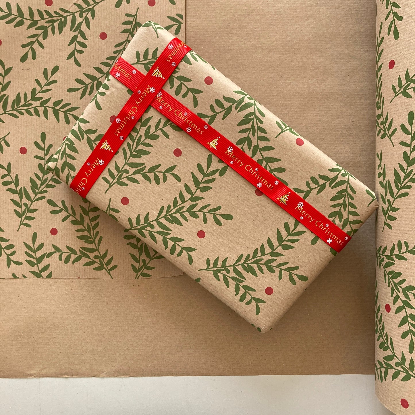 Wrapping Paper Christmas Festive Foliage 50CM Wide Eco Friendly, 100% Recycled Kraft | Recyclable, Sustainable, Plastic Free Gift Wrap