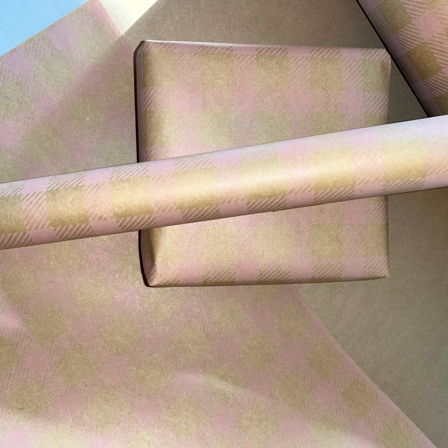 Wrapping Paper Baby Pink Gingham Check 50CM Wide Eco Friendly, 100% Recycled Kraft | Recyclable, Sustainable, Plastic Free Gift Wrap