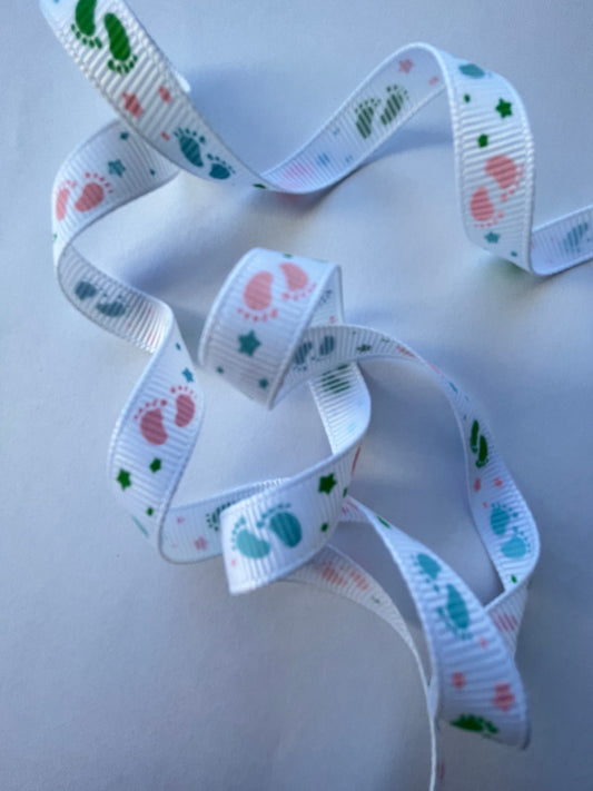 Baby Footprints Grosgrain Ribbon 9mm width, Baby Shower Christening Birthday Bows Decoration Boys Girls