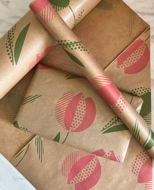 Wrapping Paper Tulip Floral 50CM Wide Eco Friendly, 100% Recycled Kraft | Recyclable, Sustainable, Plastic Free Gift Wrap