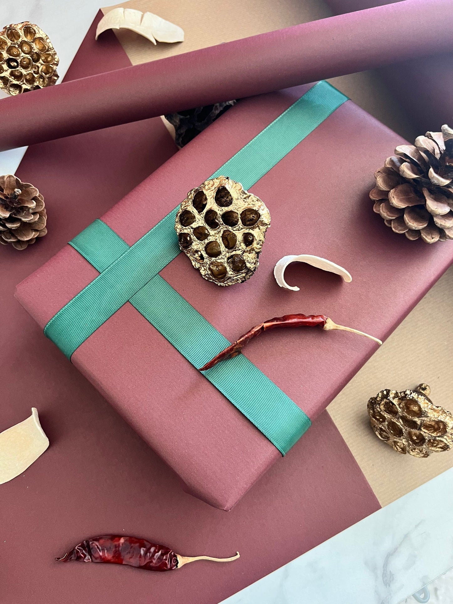 Christmas Maroon Gift Wrapping Paper , 100% Eco Friendly, Recycled & Recyclable Gift Wrap, Sustainable Kraft Paper Roll, Luxury Xmas