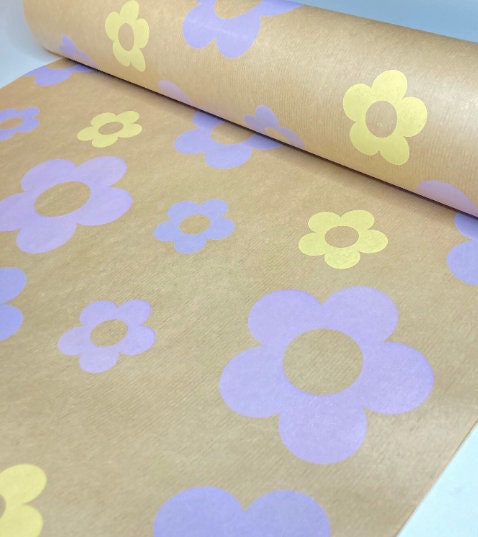 Wrapping Paper Purple Yellow Lilac Floral 50CM Wide Eco Friendly, 100% Recycled Kraft | Recyclable, Sustainable, Plastic Free Gift Wrap