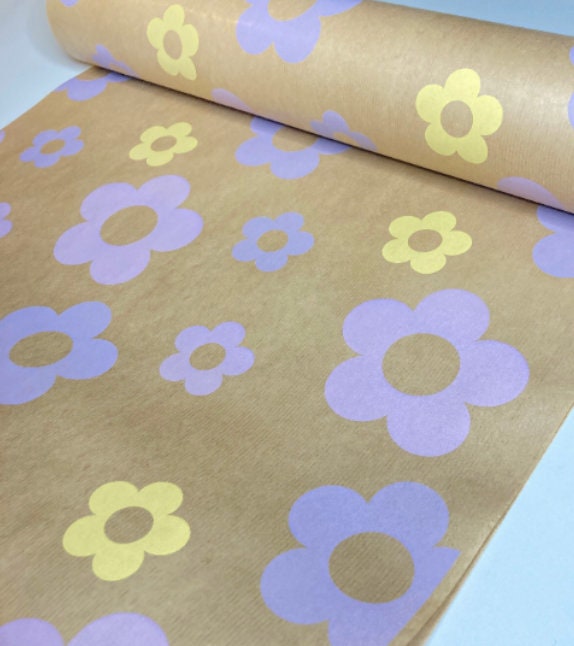 Wrapping Paper Purple Yellow Lilac Floral 50CM Wide Eco Friendly, 100% Recycled Kraft | Recyclable, Sustainable, Plastic Free Gift Wrap