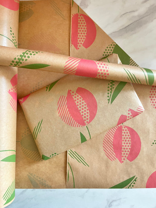 Tulip Floral Print Eco Friendly Gift Wrapping Paper, 100% Recycled & Recyclable Gift Wrap, Kraft Birthday Wrapping Paper, Sustainable