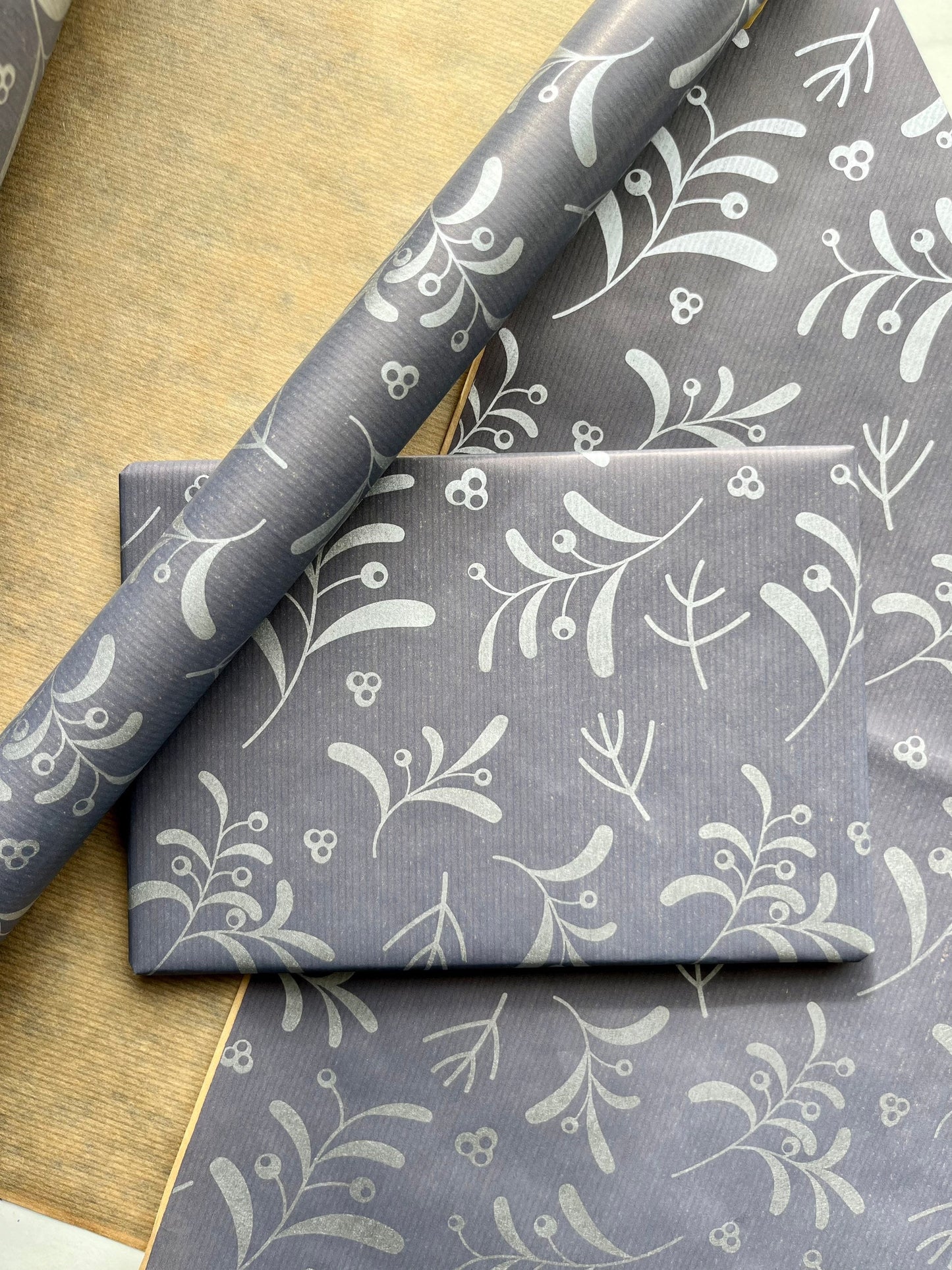 Wrapping Paper Christmas Navy Blue Silver Mistletoe 50CM Wide Eco Friendly, 100% Recycled Kraft | Recyclable, Sustainable, Plastic Free Gift