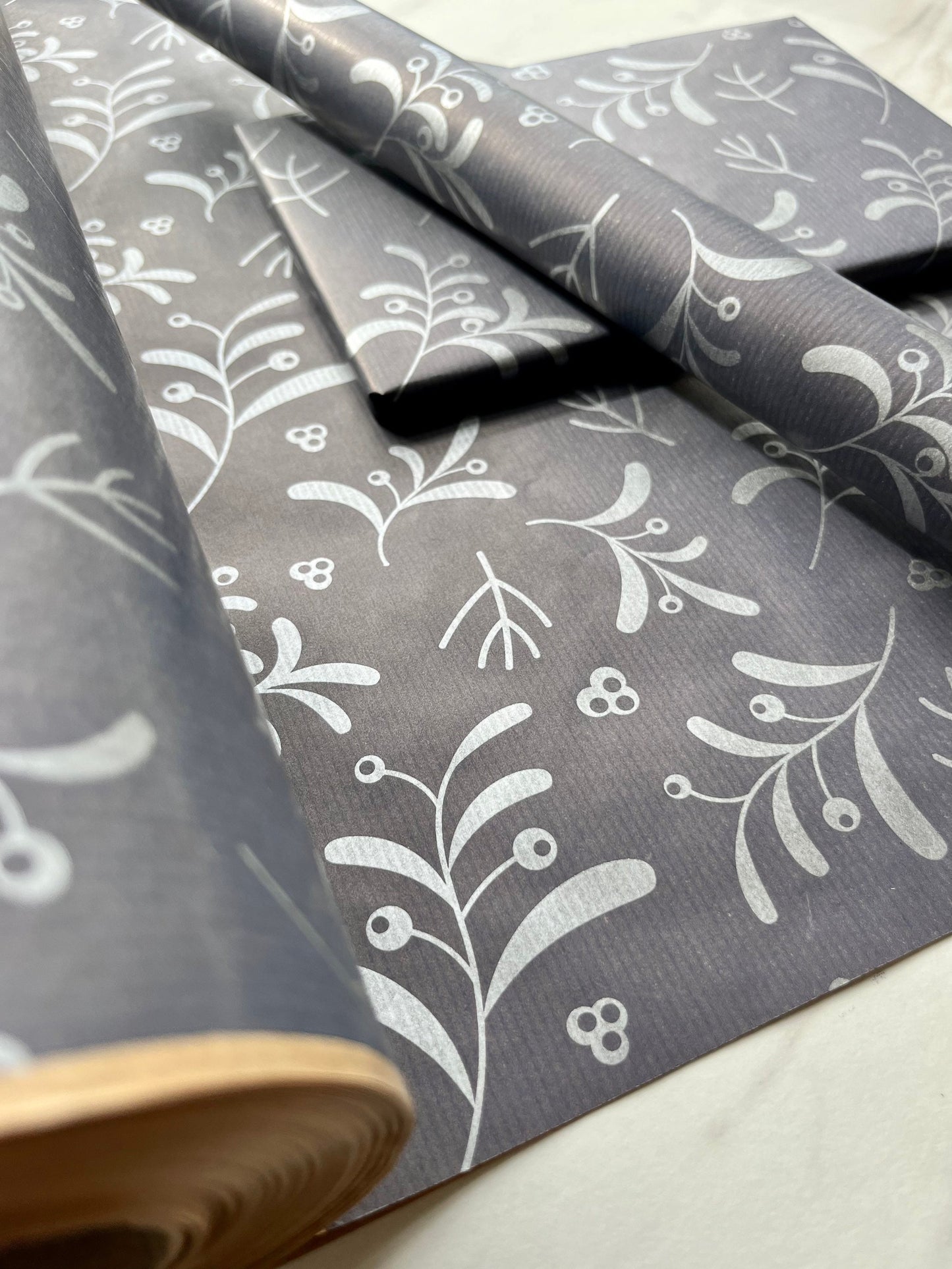 Wrapping Paper Christmas Navy Blue Silver Mistletoe 50CM Wide Eco Friendly, 100% Recycled Kraft | Recyclable, Sustainable, Plastic Free Gift