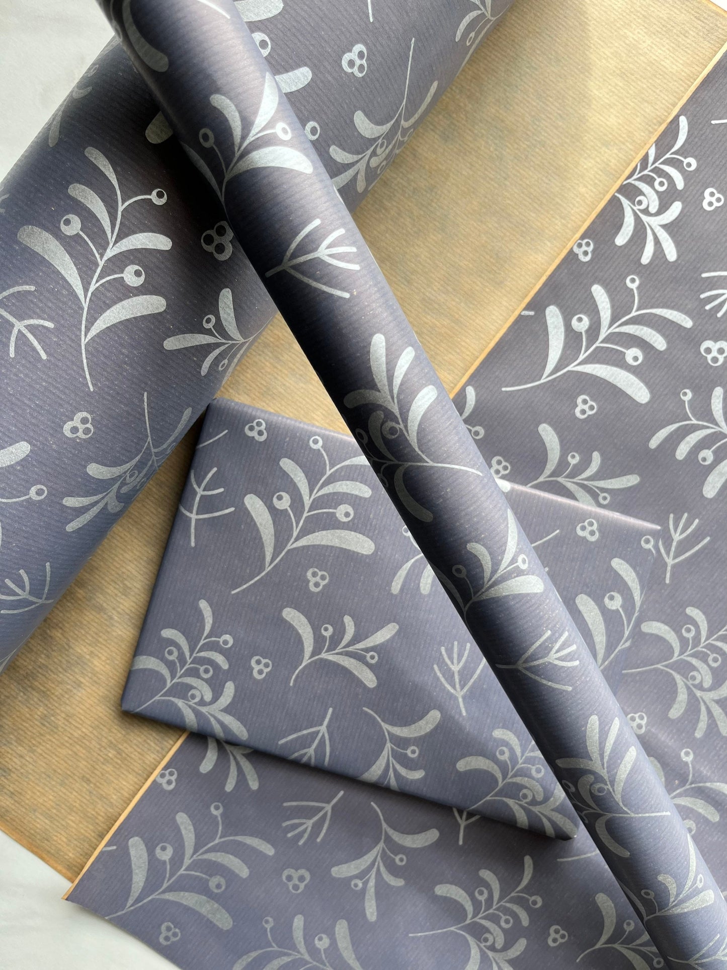Wrapping Paper Christmas Navy Blue Silver Mistletoe 50CM Wide Eco Friendly, 100% Recycled Kraft | Recyclable, Sustainable, Plastic Free Gift