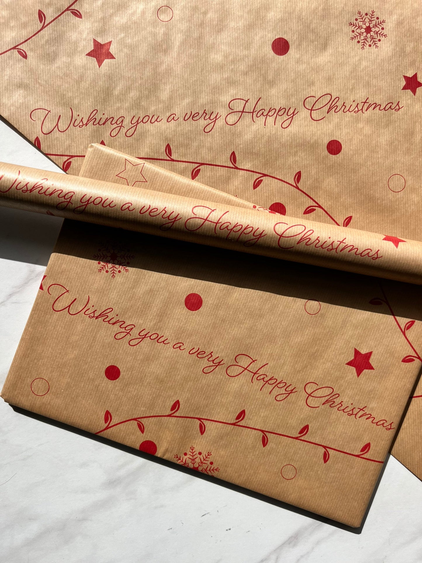 Luxury Red Happy Christmas Eco Friendly Kraft Wrapping Paper, 100% Recycled & Recyclable, Luxury Sustainable Xmas Gift Wrap Paper
