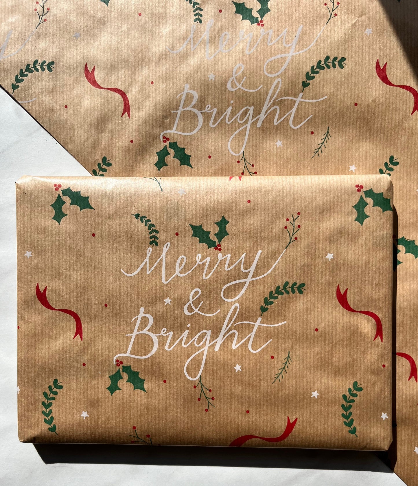 Wrapping Paper Christmas Merry & Bright 50CM Wide Eco Friendly, 100% Recycled Kraft | Recyclable, Sustainable, Plastic Free Gift Wrap