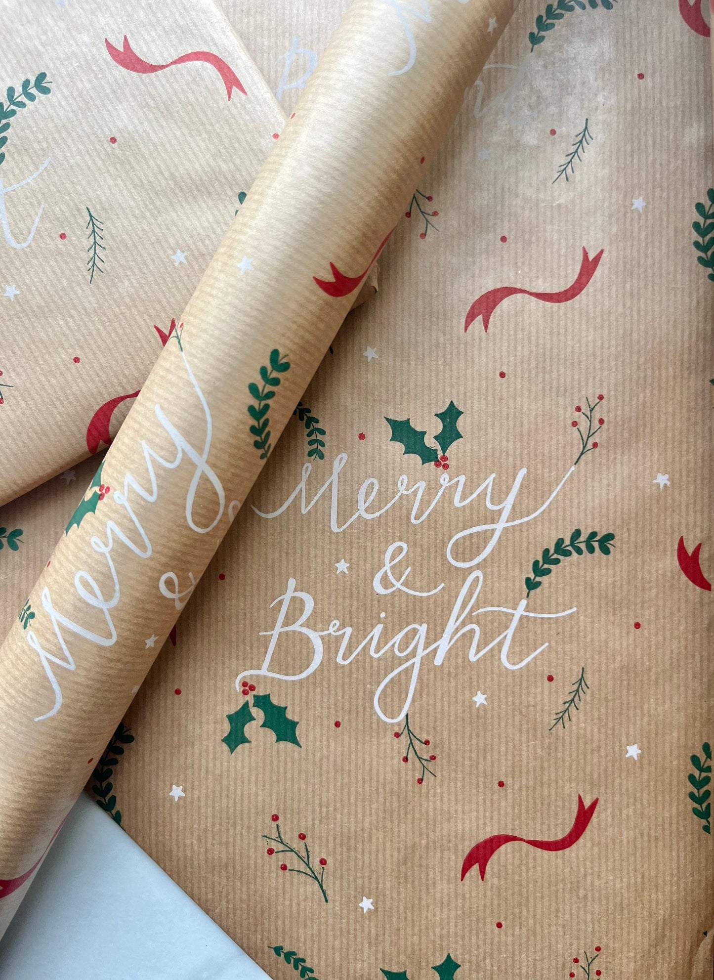 Wrapping Paper Christmas Merry & Bright 50CM Wide Eco Friendly, 100% Recycled Kraft | Recyclable, Sustainable, Plastic Free Gift Wrap