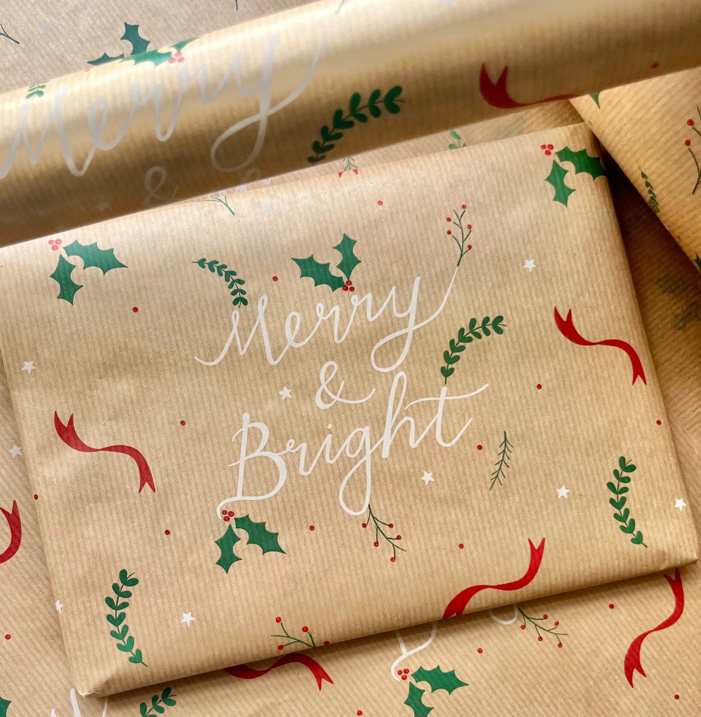 Wrapping Paper Christmas Merry & Bright 50CM Wide Eco Friendly, 100% Recycled Kraft | Recyclable, Sustainable, Plastic Free Gift Wrap