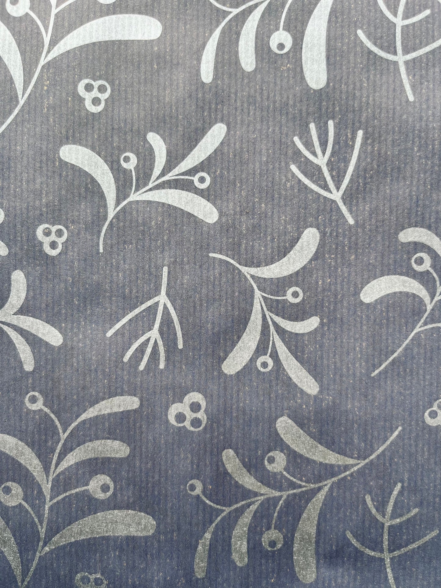 Wrapping Paper Christmas Navy Blue Silver Mistletoe 50CM Wide Eco Friendly, 100% Recycled Kraft | Recyclable, Sustainable, Plastic Free Gift