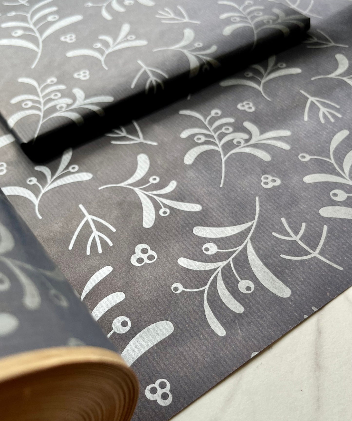 Wrapping Paper Christmas Navy Blue Silver Mistletoe 50CM Wide Eco Friendly, 100% Recycled Kraft | Recyclable, Sustainable, Plastic Free Gift