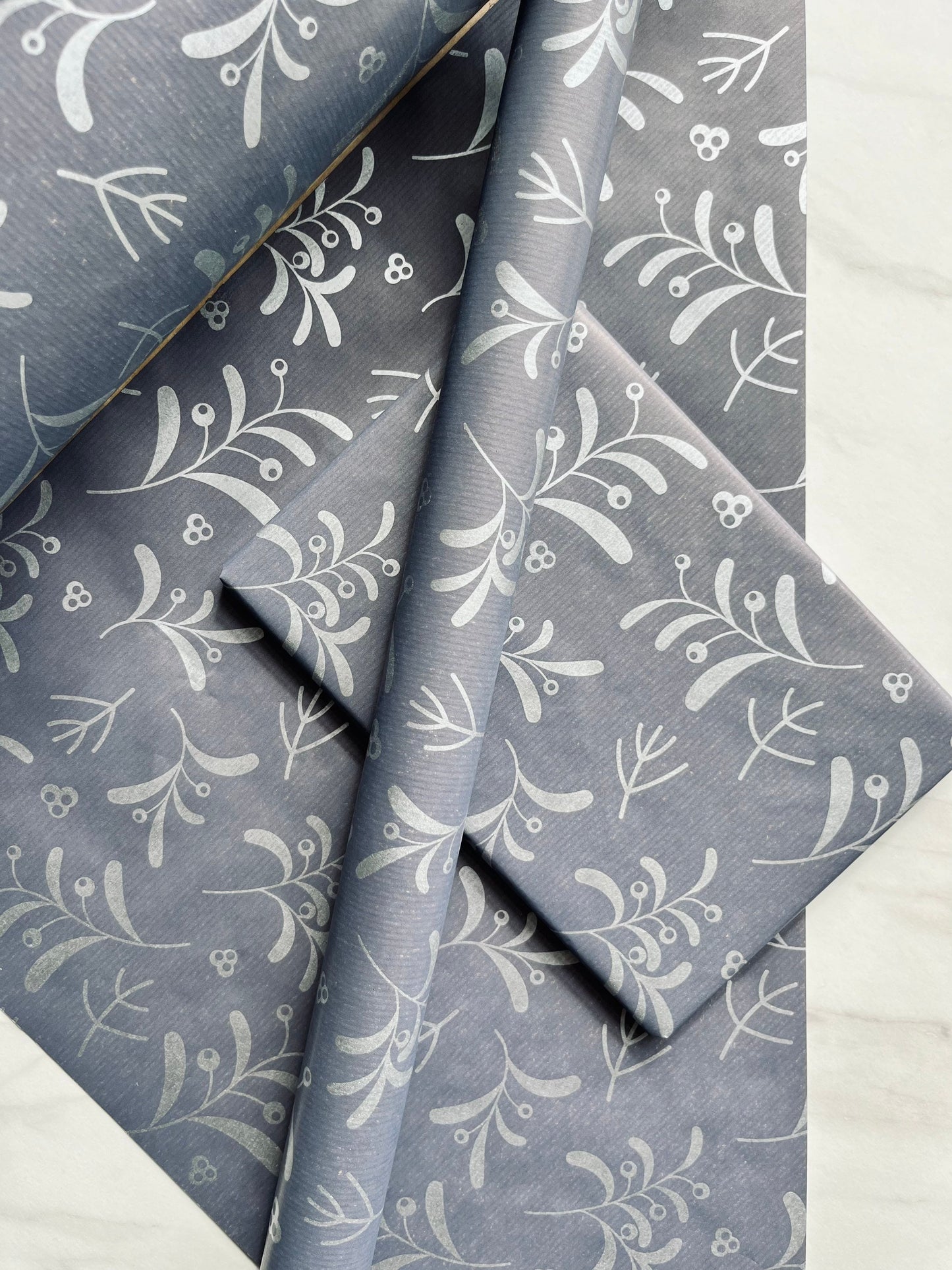 Wrapping Paper Christmas Navy Blue Silver Mistletoe 50CM Wide Eco Friendly, 100% Recycled Kraft | Recyclable, Sustainable, Plastic Free Gift